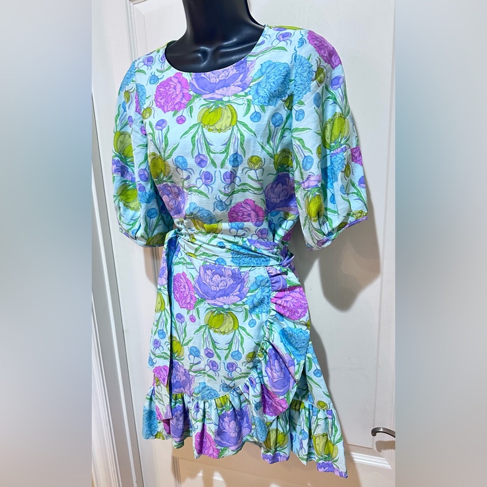 Emily McCarthy Floral Print Puff Sleeve side tie Dress size S - Picture 5 of 7